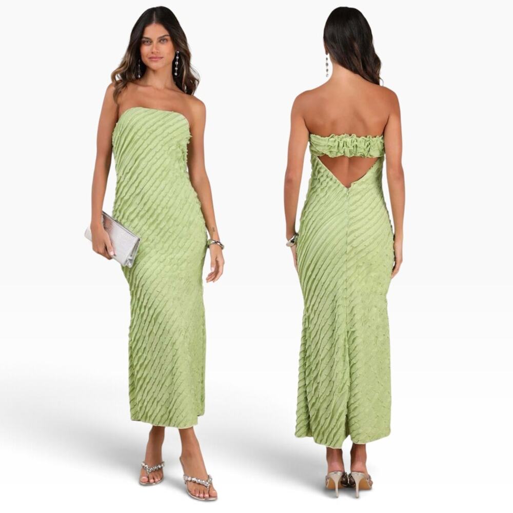 Lulus Faelyn Light Green Strapless Ruffled Midi Dress size Small NWT